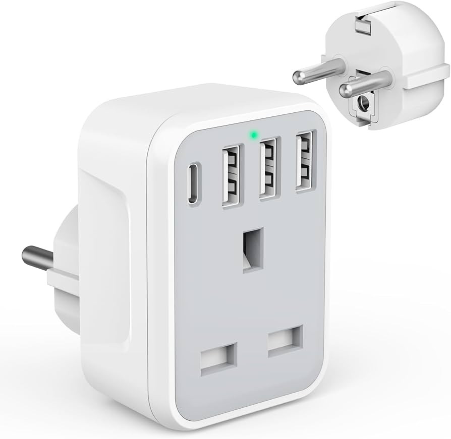 UK to European Travel Adaptor with 4 USB Ports(1 USB C), Grounded EU Euro Europe to UK Power Plug... | Amazon (UK)