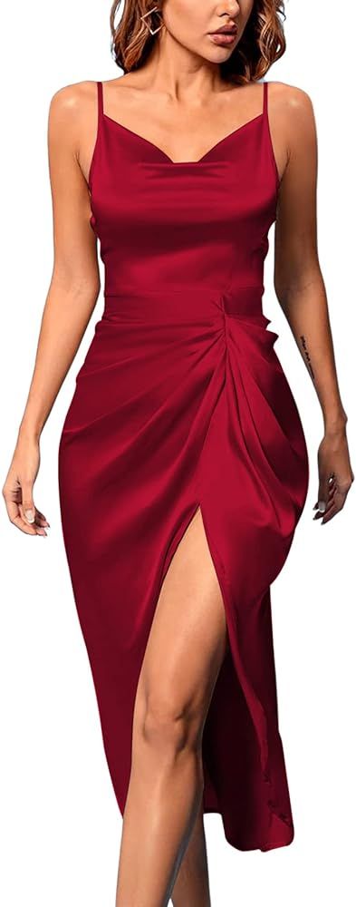 LYANER Women's Satin Cowl Neck Sleeveless Split Ruch Strap Sexy Cocktail Midi Dress | Amazon (US)