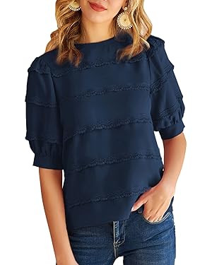 GRACE KARIN Women's Work Business Blouse Casual Puff Short Sleeve Shirts Lace Tops Loose Fit | Amazon (US)