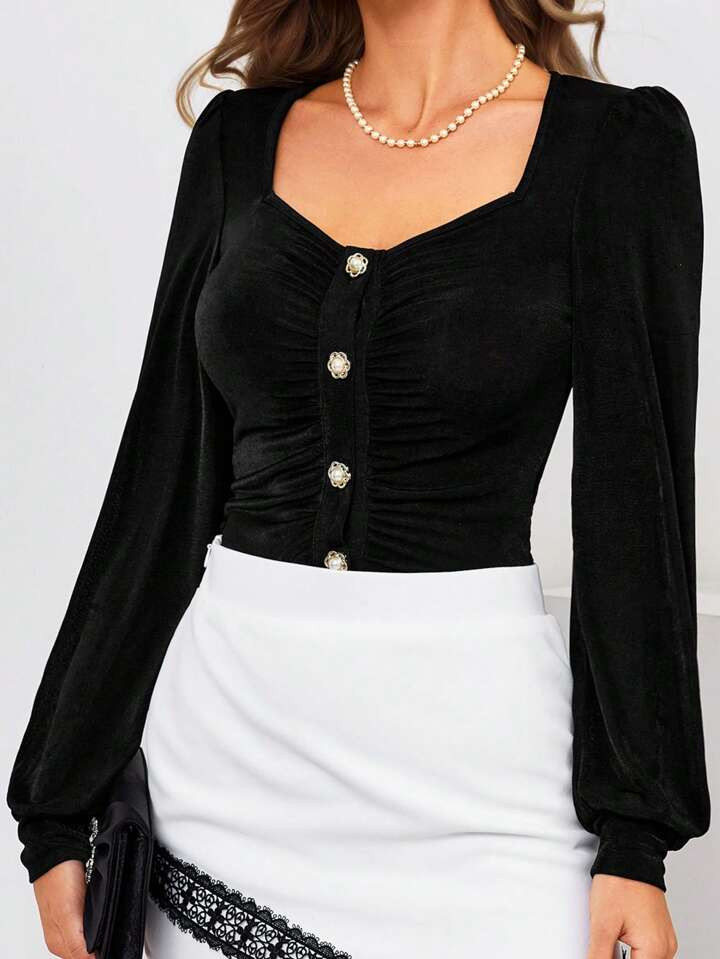 SHEIN Privé Sweetheart Neck Button Front Top | SHEIN