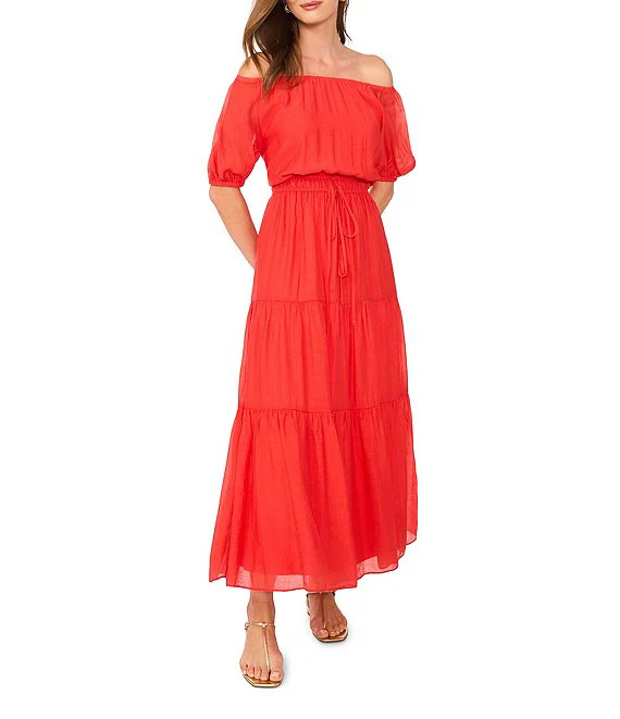 Off-The Shoulder Short Sleeve Tiered Maxi Dress | Dillard's