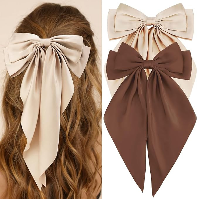 Hair Bows Silky Satin Bows for Hair Ribbons 2Pcs Coquette Oversized Long Tail Hair Bow Clips Barr... | Amazon (US)