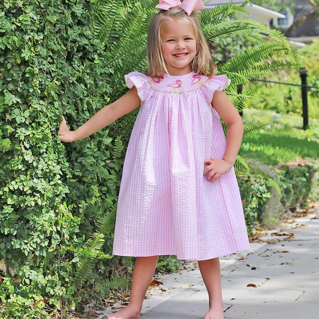 Smocked Flamingos Pink Check Angel Sleeve Dress | Classic Whimsy