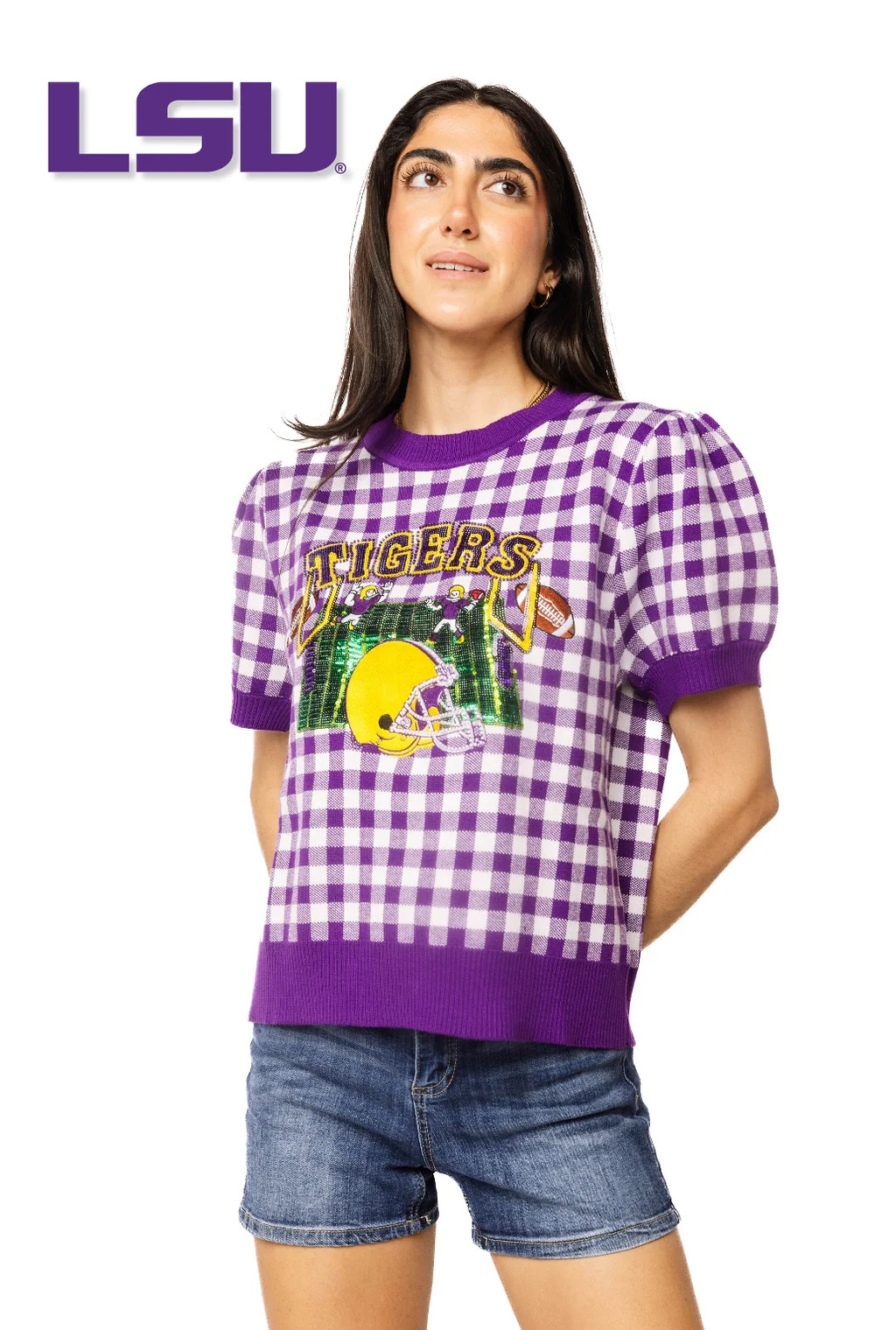 Licensed LSU Gingham Field, Players & Helmet Short Sleeve Sweater | Queen of Sparkles
