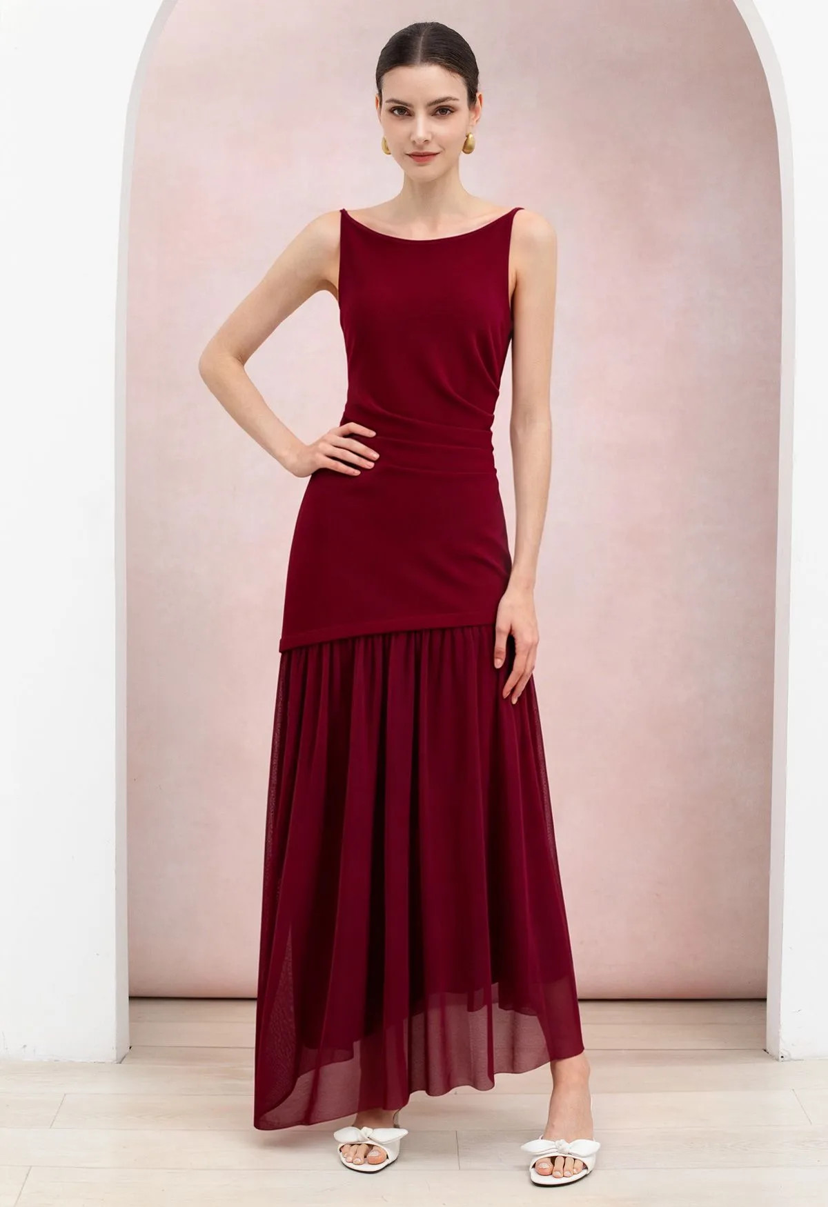 Mesh Panel Ruched Waist Sleeveless Maxi Dress in Red for Vacation Evenings & Cocktail Events | Chicwish