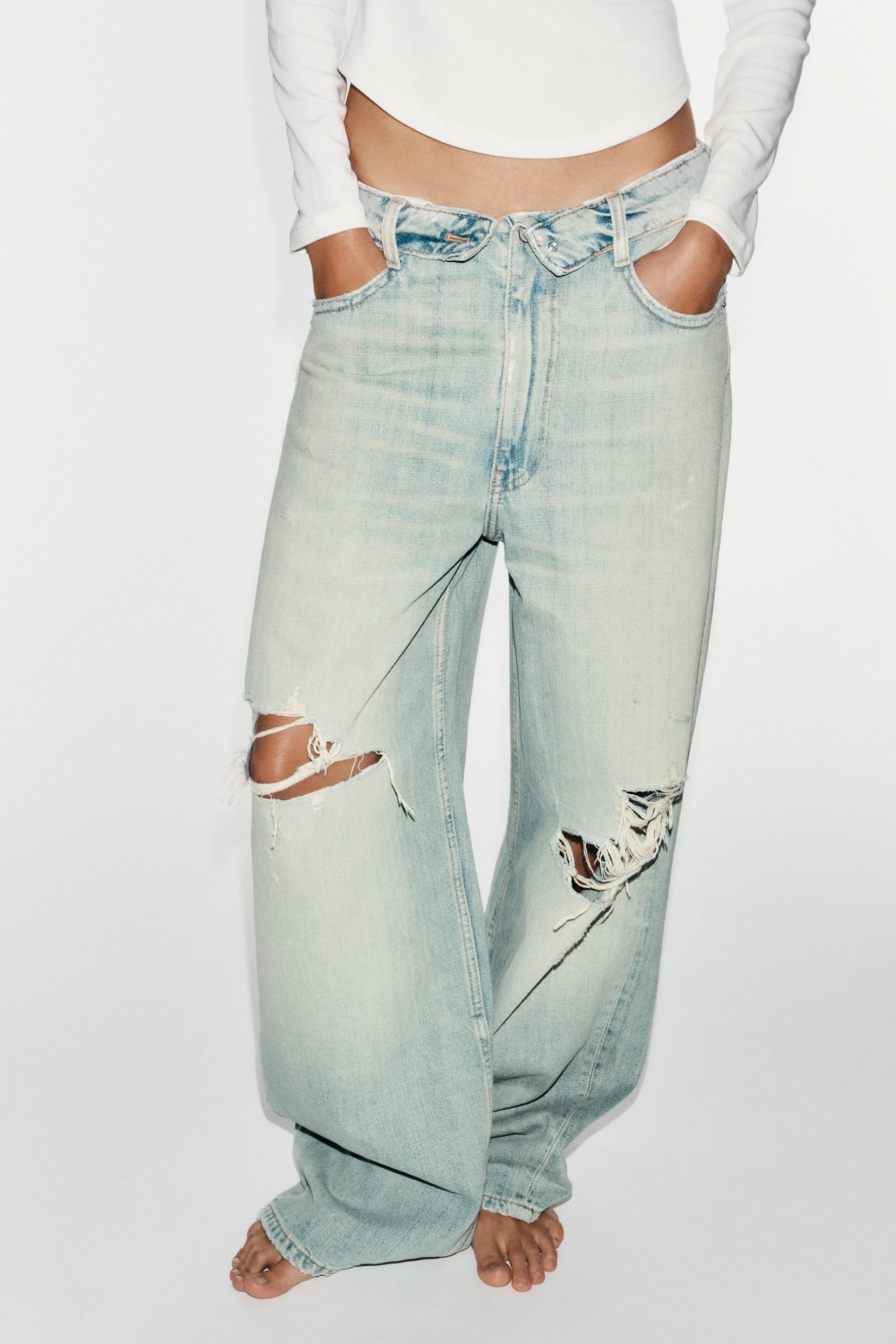 TRF MID-RISE RIPPED FOLDED WAISTBAND JEANS | Zara US