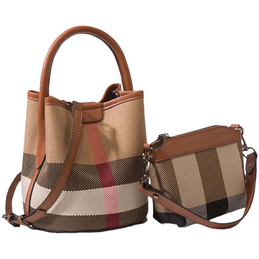 Tote Bag for Women, Leather Plaid Bucket Shoulder Bag Top Handle Canvas Crossbody Handbag Designe... | Amazon (US)