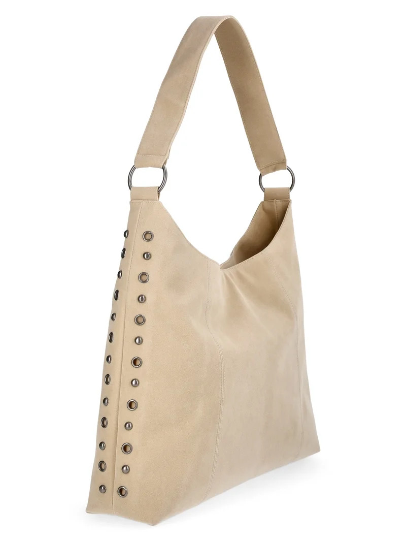 No Boundaries Women's Faux Suede Studded Moto Hobo Bag, Beige | Walmart (US)