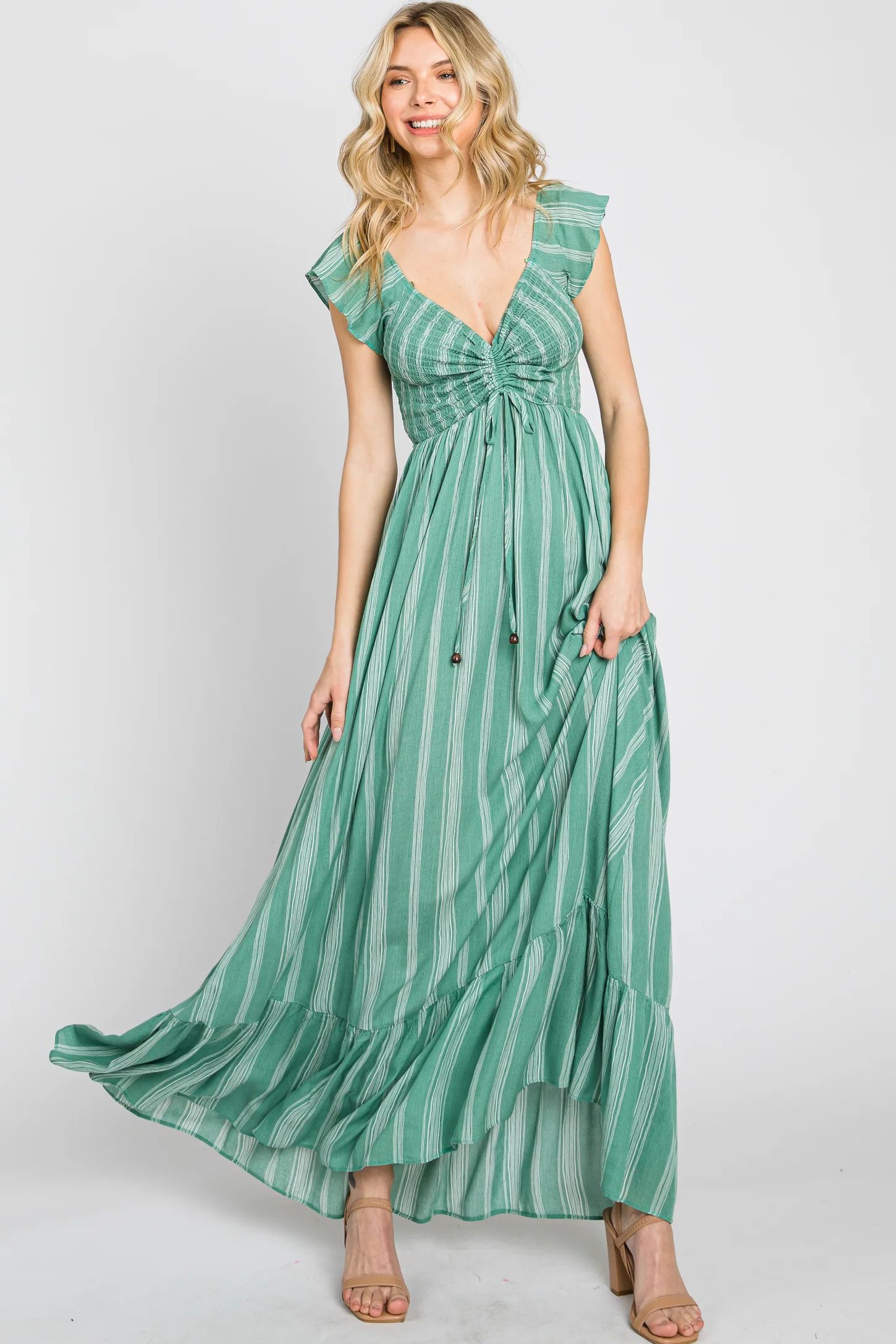 Green Striped Off Shoulder Front Tie Maxi Dress | PinkBlush Maternity
