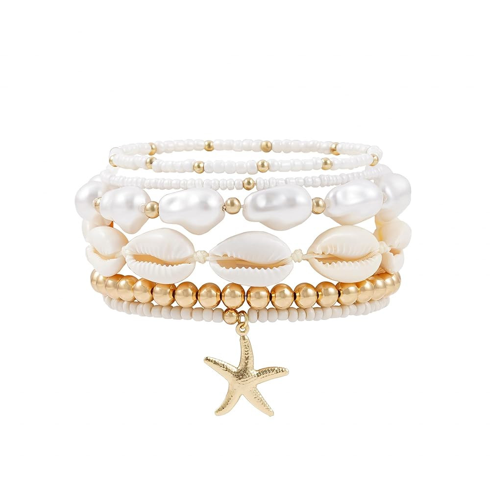 Summer Surfer Heishi Bracelet Set for Women Stackable Gold Clay Ploymer Bead Stretch Pink Beach L... | Amazon (US)