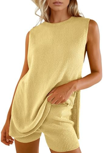 Burtell Women Summer 2 Piece Sweater Sets Casual Crew Neck Sleeveless Knit Tank Top Mini Shorts L... | Amazon (US)