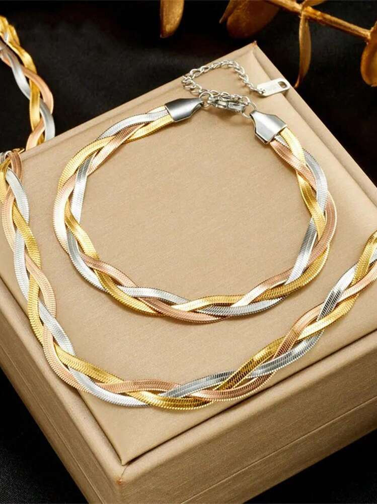 2pcs/Set 316 Stainless Steel Snake Chain Necklace And Bracelet Set, 3-Color Hand-Woven Hip Hop St... | SHEIN