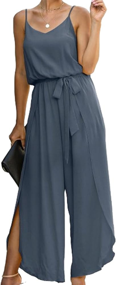 ECOWISH Womens Jumpsuit Spaghetti Strap Wide Leg Split Jumpsuits Long Overalls Summer Beach Loose... | Amazon (US)