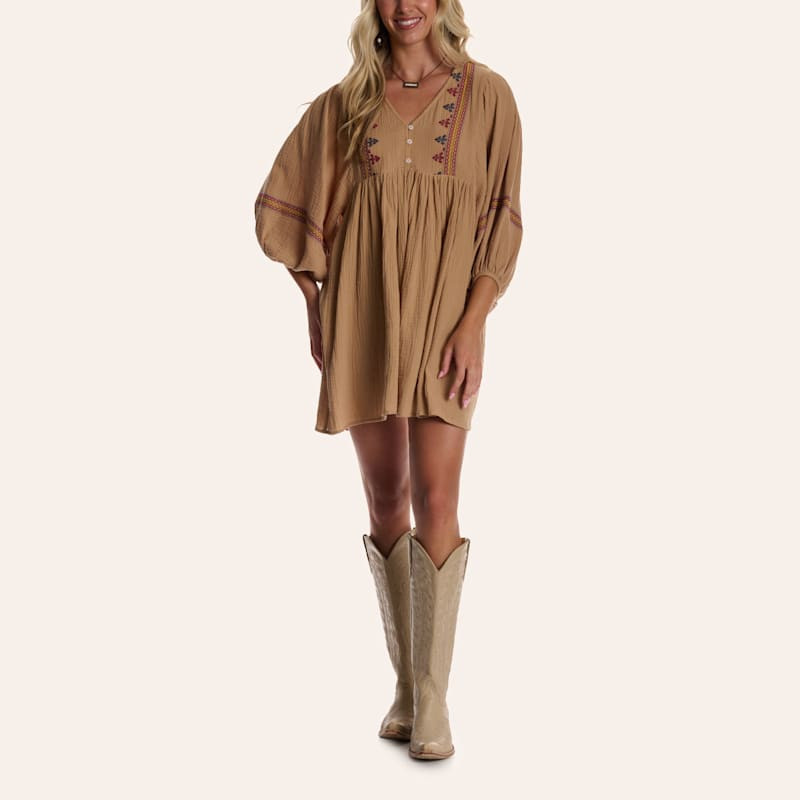 Yura Women's Tan Embroidered Three-Quarter Sleeve Babydoll Mini Dress | Cavender's