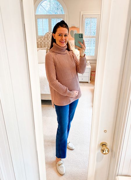 Loving this shaker knit turtleneck sweater & these comfy maternity jeans! *Wearing my normal pre-pregnancy size small in sweater and 26 in jeans. 

Shaker sweater. Oversized turtleneck sweater. Tuckernuck. Maternity jeans. Maternity outfit. Bump friendly outfit. Pregnant outfit. Princetown mule dupe. Knot headband. 

#LTKbaby #LTKSeasonal #LTKbump
