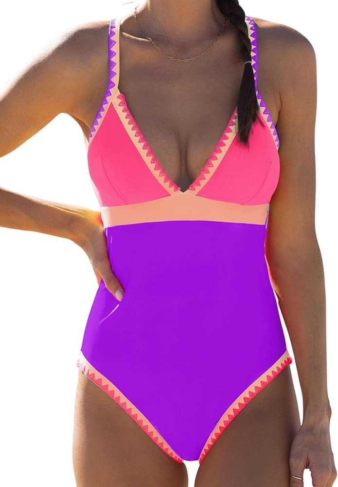 popvil One Piece Swimsuit Women 2025 Neon Color Block Contrast Cross Strap Bathing Suit Modest Cu... | Amazon (US)