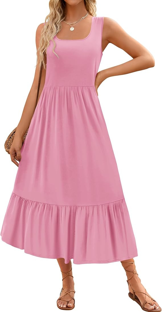 ZESICA Women's 2024 Summer Sleeveless Dress Square Neck Pleated Swing Casual Maxi Dresses with Po... | Amazon (US)