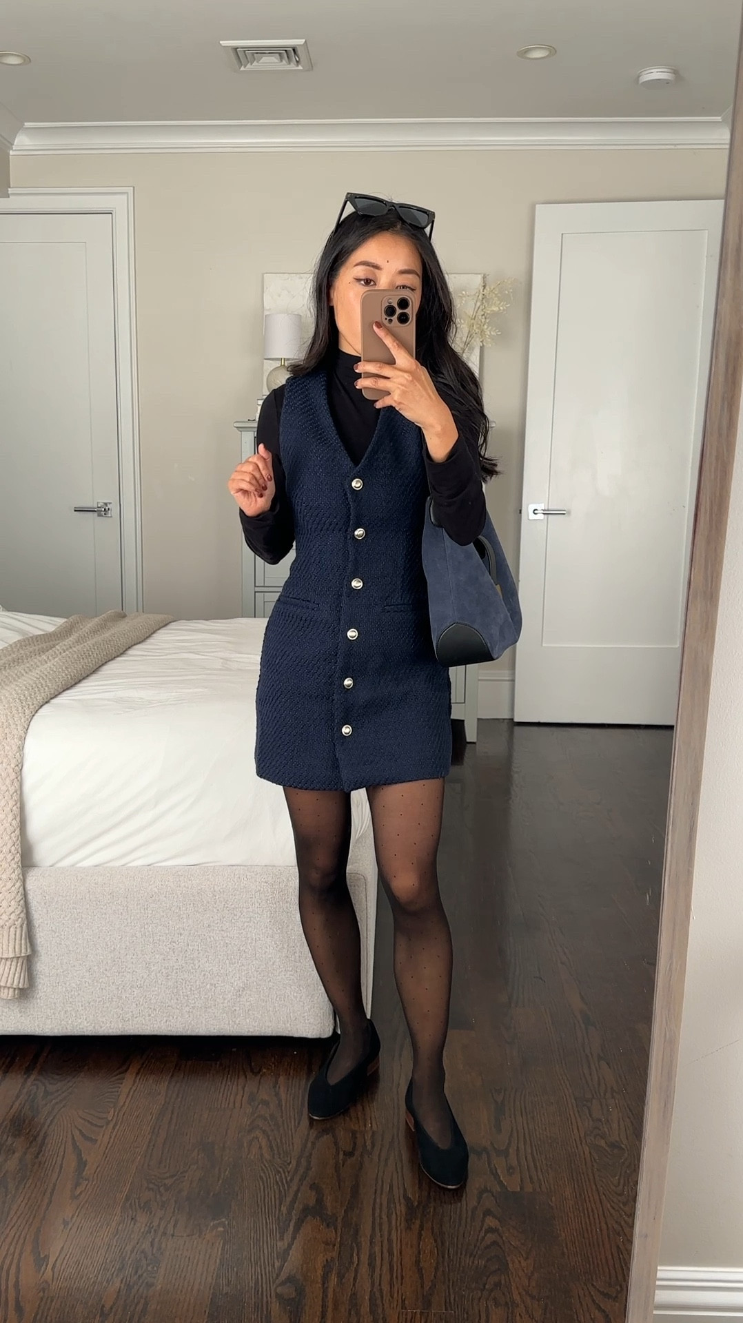 Abercrombie sale + AFJEAN for a stackable 20% off their “Night Out” section which includes Sloan pants and some coats too Love their petite friendly vest dresses for layering. Would be super cute with a tall black boot as well. 

•Abercrombie vest dress xxs petite this one fits TTS and is a thicker weight material Go regular sizing if you want longer length for the office.

• Similar black mock neck linked in petite sizes . I got the gap one in several colors Xs petite 

•J.Crew navy suede bag 

•Sezane suede ballet flats sz 5, I have heel lifts inserted in these for comfort. 

#LTKSaleAlert #LTKSeasonal #LTKWorkwear