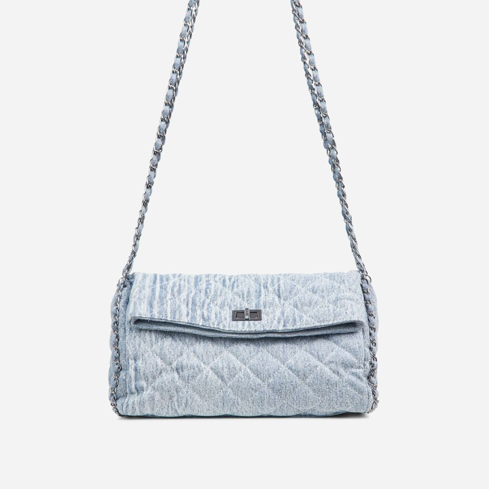 Vossy Chain Strap Detail Fold Over Shoulder Bag In Light Blue Quilted Denim | EGO (UK)