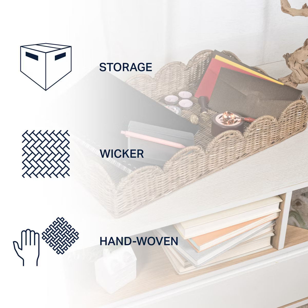 happimess Scalloped 21.5" Southwestern Cottage Hand-Woven Rattan Tray with Handles, Natural | Target