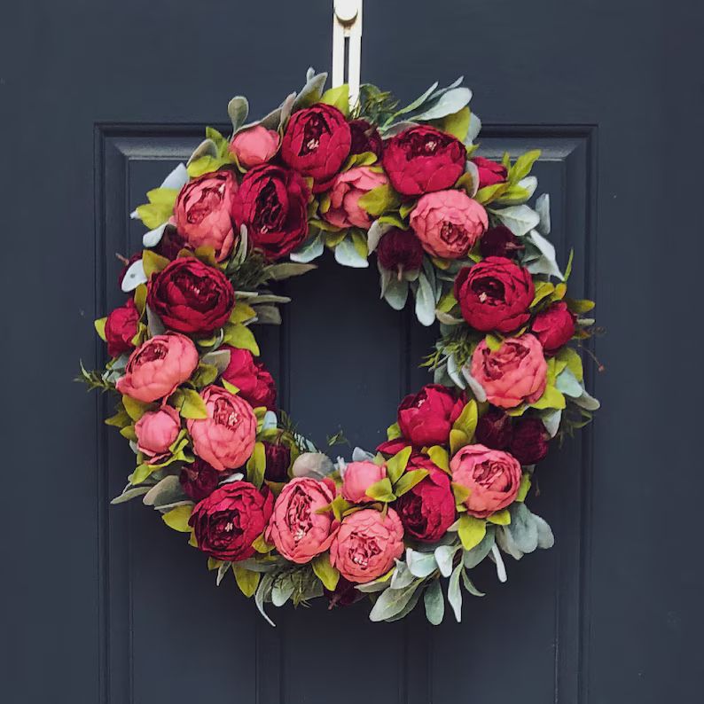 Fall Peony and Pumpkin Wreath | Pink & Burgundy | Front Door Decor | Lambs Ear Wreath | Autumn Fa... | Etsy (US)