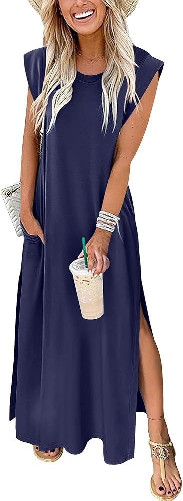 ANRABESS Womens Maxi Dresses 2025 Summer Casual Cap Sleeve Crew Neck Loose Split Beach Travel Lon... | Amazon (US)
