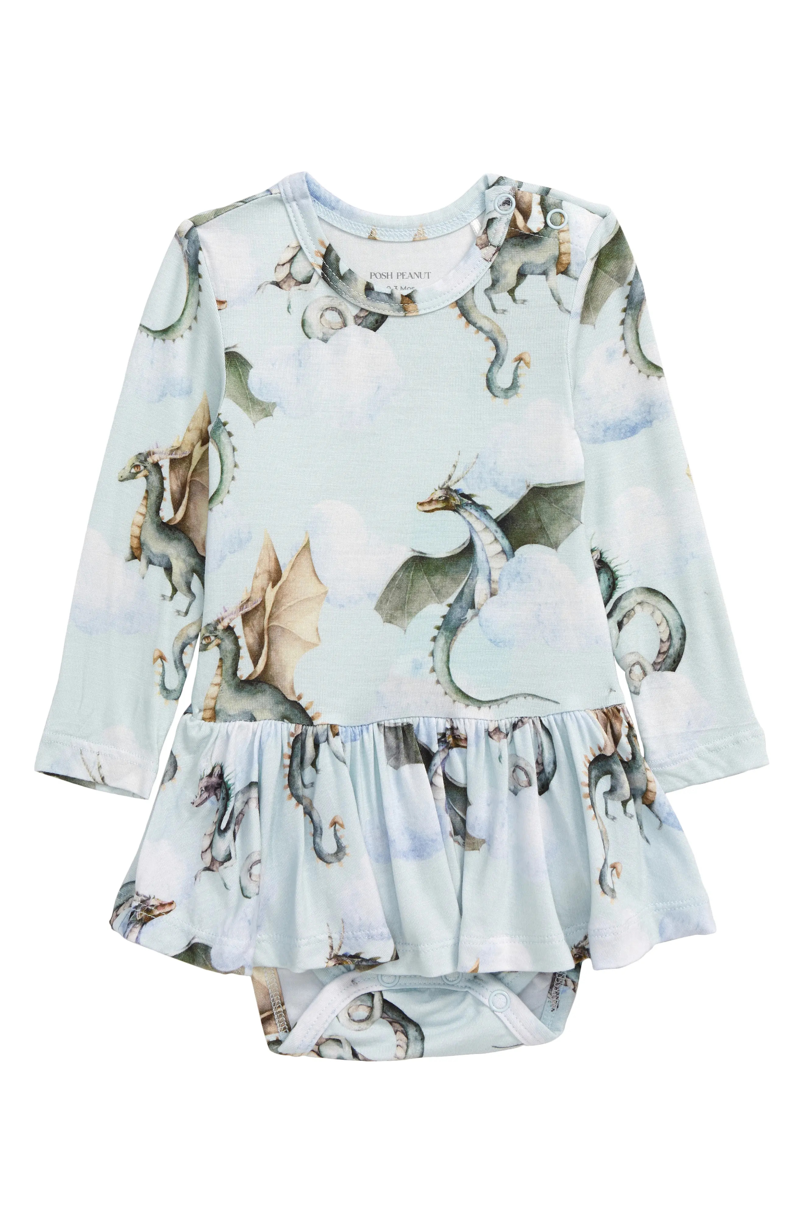 Posh Peanut Kids' Percy Long Sleeve Twirl Bodysuit in Open Blue at Nordstrom, Size 0-3M | Nordstrom