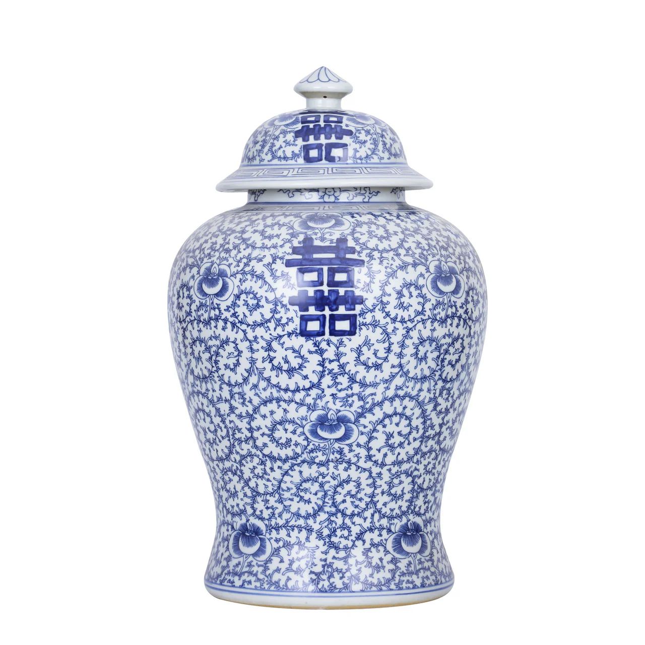 Blue And White Porcelain Double Happiness Floral Temple Jar | Dashing Trappings