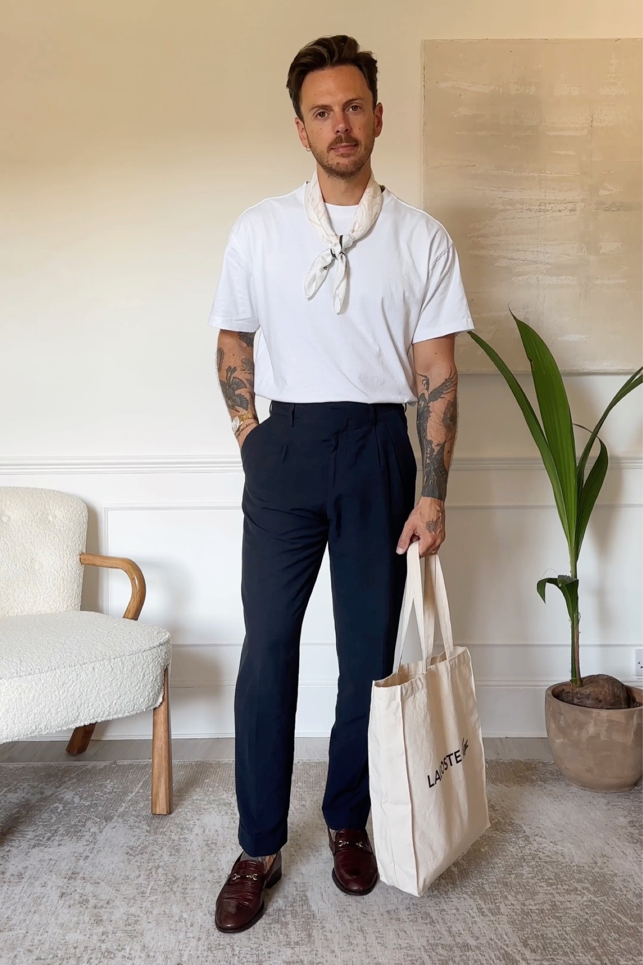 GRWM outfit, men’s fashion, men’s style, men’s outfit inspiration, style ideas, navy linen trousers, oversized white T-shirt, 
Leather loafers, men’s style tips, men’s outfit video, men’s silk scarf outfit. 

#LTKstyletip #LTKmens #LTKSeasonal