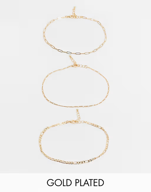 ASOS DESIGN pack of 3 14k gold plated anklets in fine mixed chain | ASOS (Global)