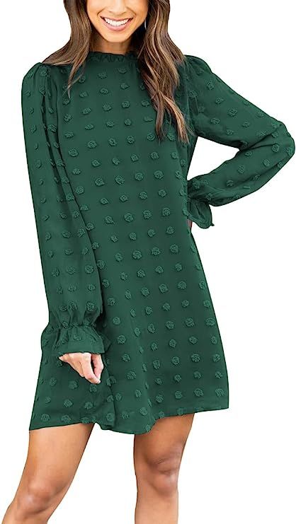 FAMITION Womens Dress Swiss Dot Dress Long Sleeve Flowy Dress Chiffon Casual Mini Dress | Amazon (US)