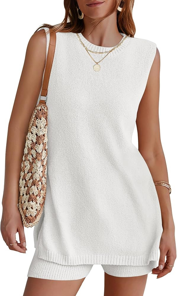 NENONA Women's Summer Sleeveless Sweater Lounge Sets Casual Loose Fit Tunic Tops and Shorts 2 Pie... | Amazon (US)
