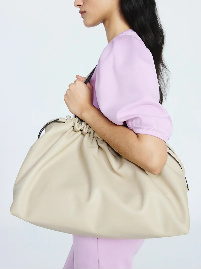 Scoop Women's Faux Leather Oversized Drawstring Pouch Tote, Almond Biscuit | Walmart (US)