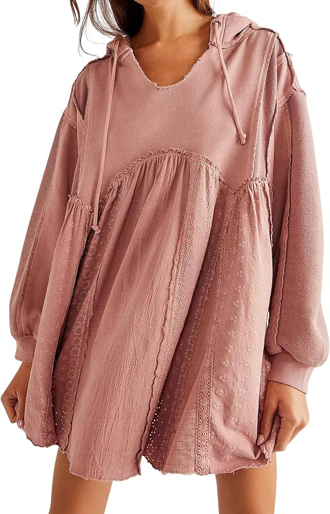 JEIBKOUY Women Long Sleeve Hoodie Dress Drawstring Patchwork Stitching Hooded Sweatshirt Loose Fi... | Amazon (US)