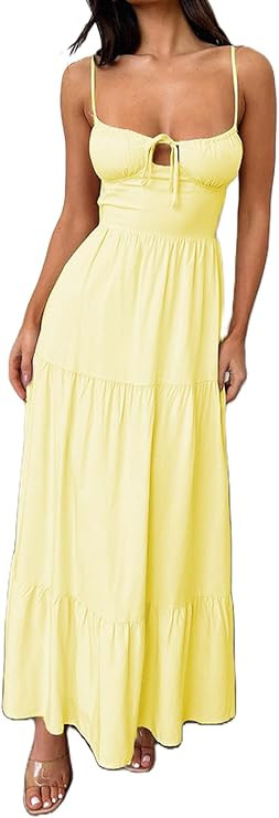 Y2K Women's Long Spaghetti Strap Low Cut Backless Flowy Maxi Dress - Clubwear | Amazon (US)