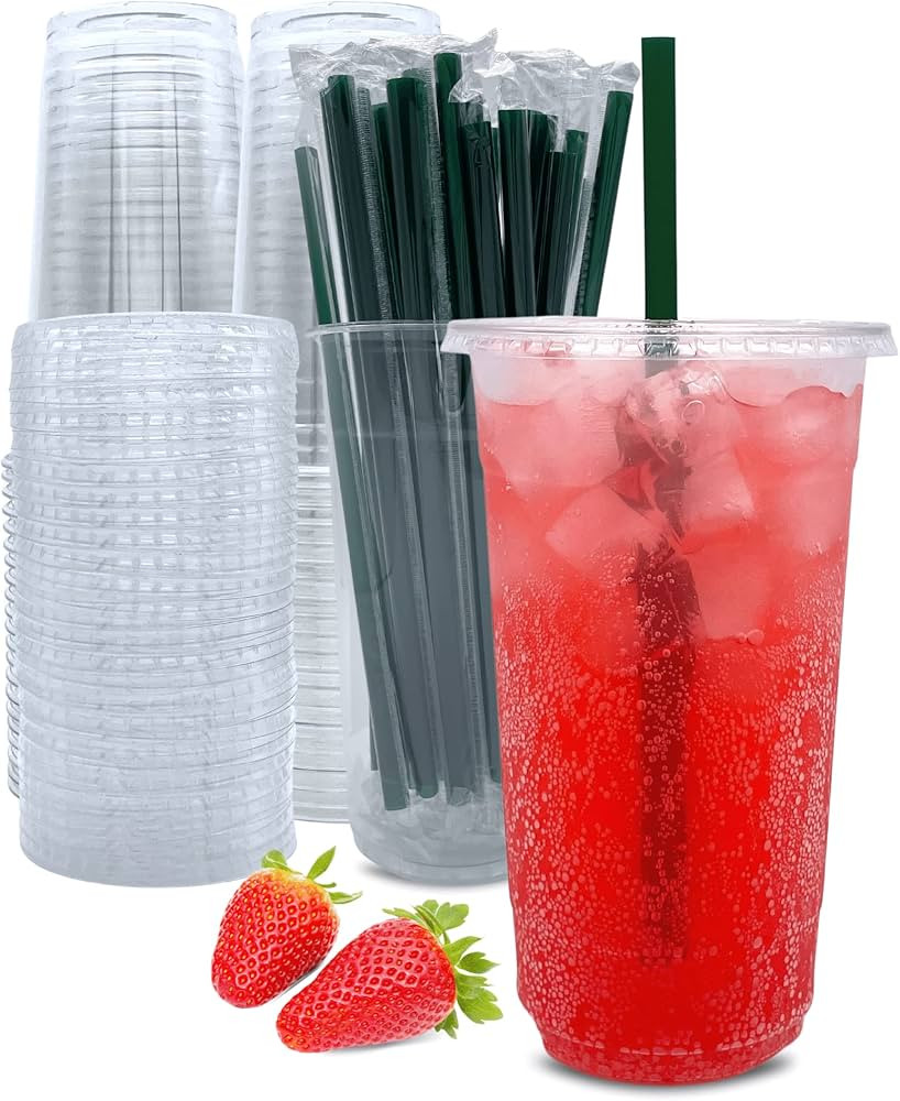 32 oz Clear Plastic Cups with Lids and Straws, Disposable Coffee Cups 25 Sets | Amazon (US)