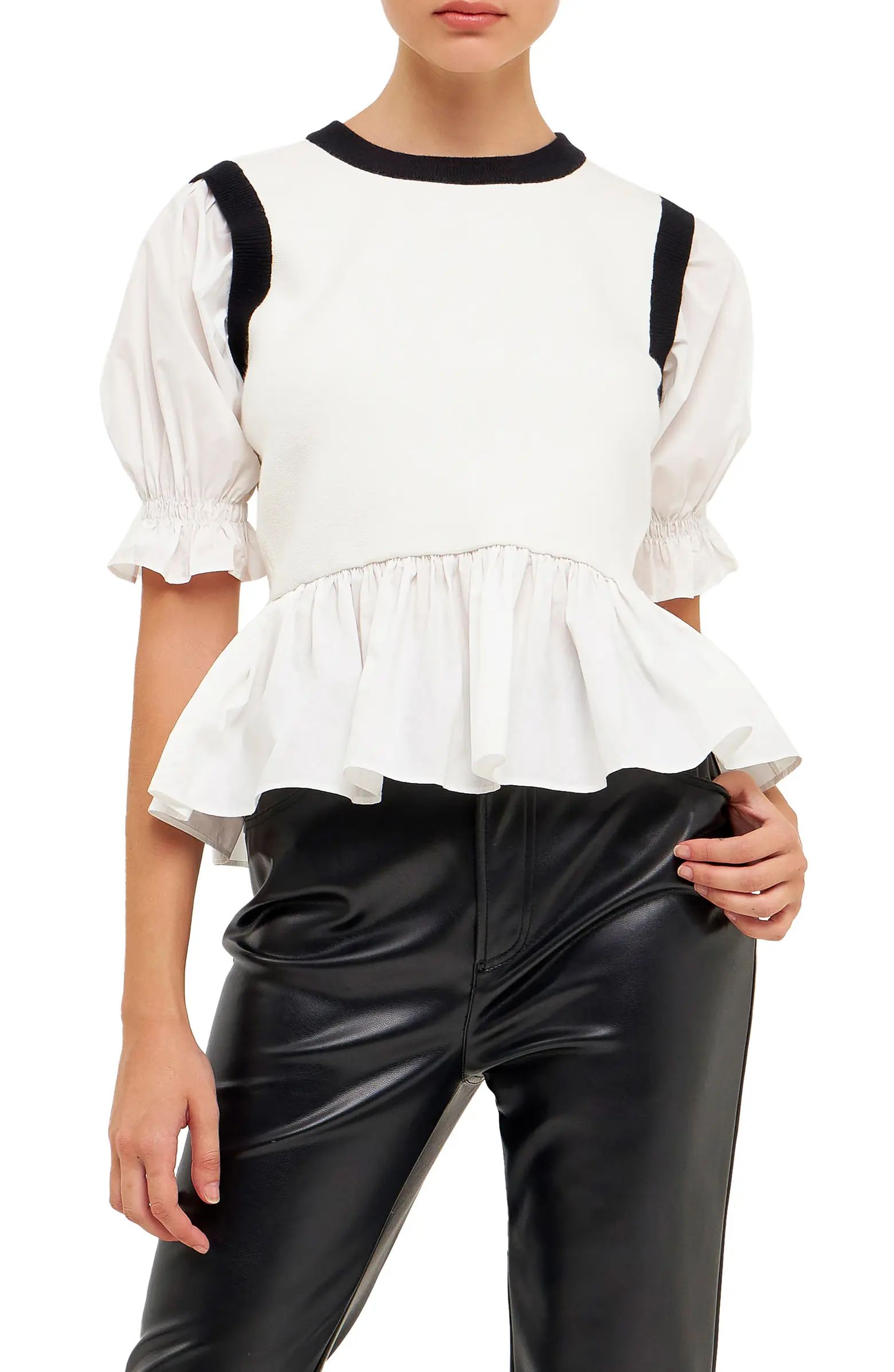 English Factory Mixed Media Puff Sleeve Peplum Top | Nordstrom | Nordstrom