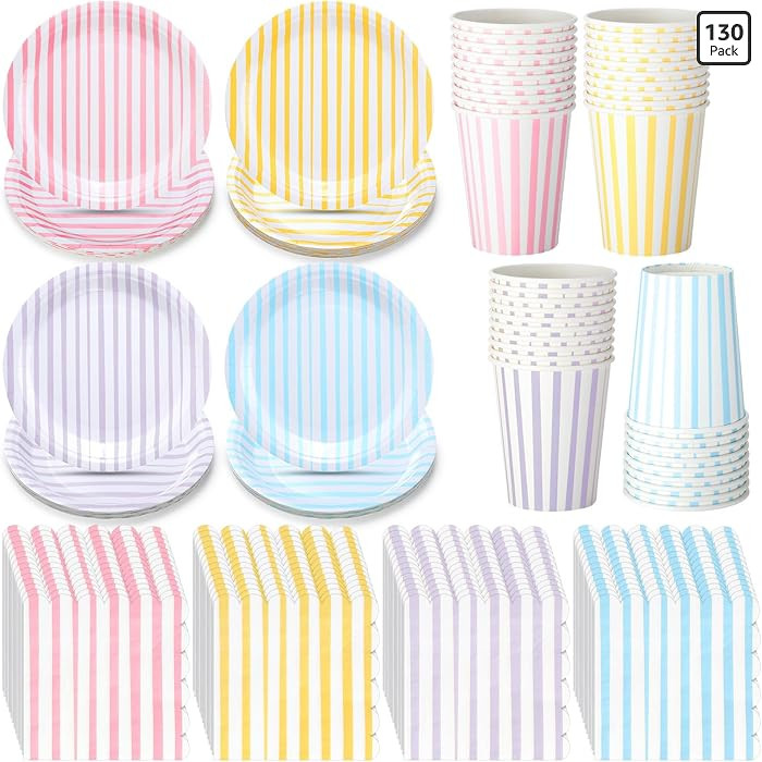 130 Pcs Disposable Stripe Pastel Party Decoration 40 Paper Plate 40 Cup 50 Napkin Macaron Dinnerw... | Amazon (US)