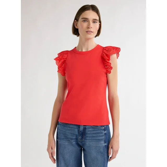 Free Assembly Women's and Women's Plus Eyelet Flutter Sleeve Tee, Sizes XS-4X | Walmart (US)