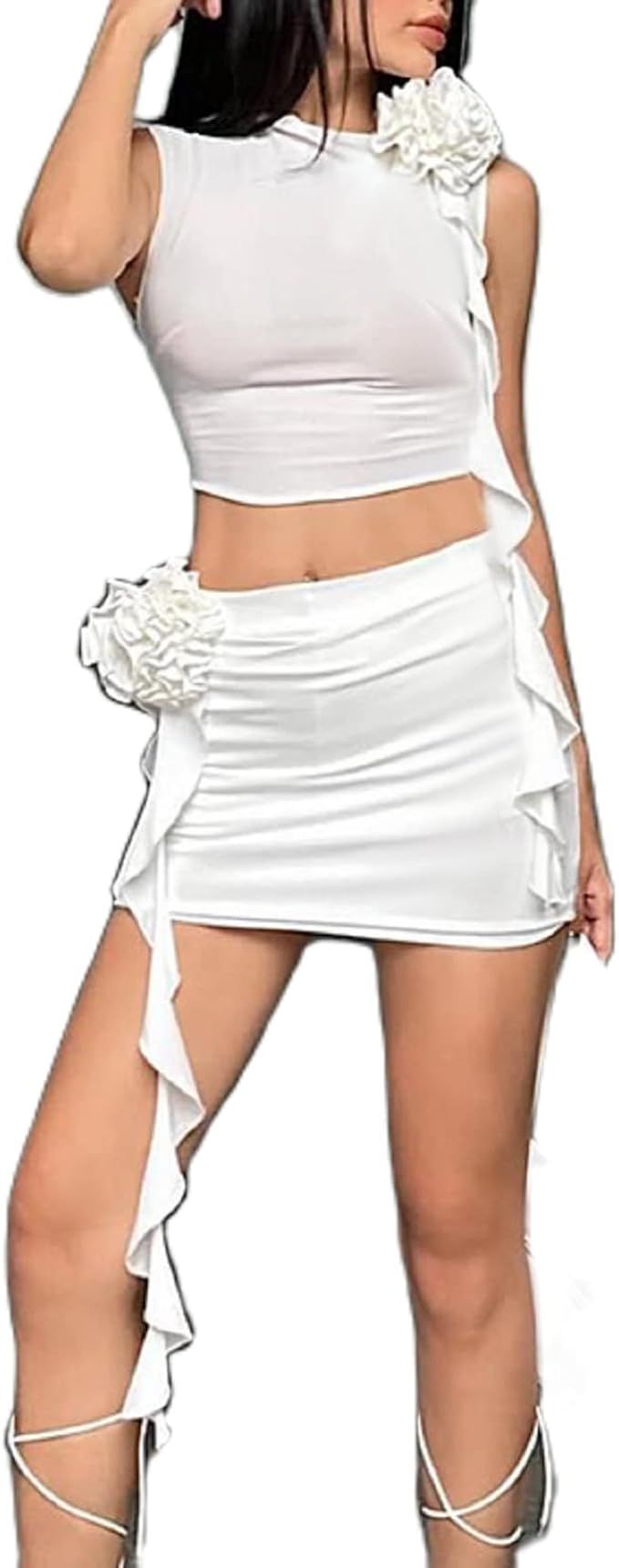Women Ruffle 2 Piece Skirt Sets Y2k Sheer Mesh Crop Top Bodycon Mini Short Skirt Fringed Tassels ... | Amazon (US)