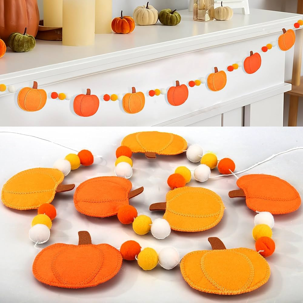 Fall Felt Pumpkin Garland 3D Pumpkin Felt Hanging Garland Fall Orange Pompom Ball Banner Autumn H... | Amazon (US)