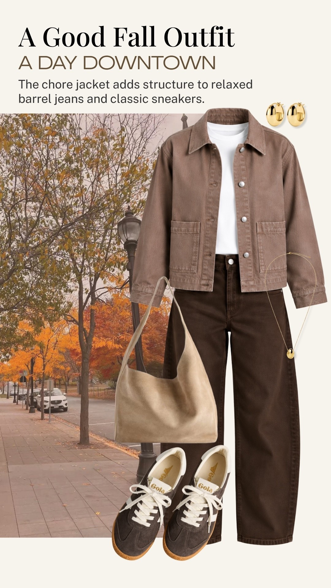 A good fall outfit really can be this simple. I love the way this structured brown chore jacket gives relaxed barrel-leg jeans and classic sneakers a little more polish, an easy combination for errands, lunch, or a day downtown.

#LTKootd #LTKTravel #LTKSeasonal