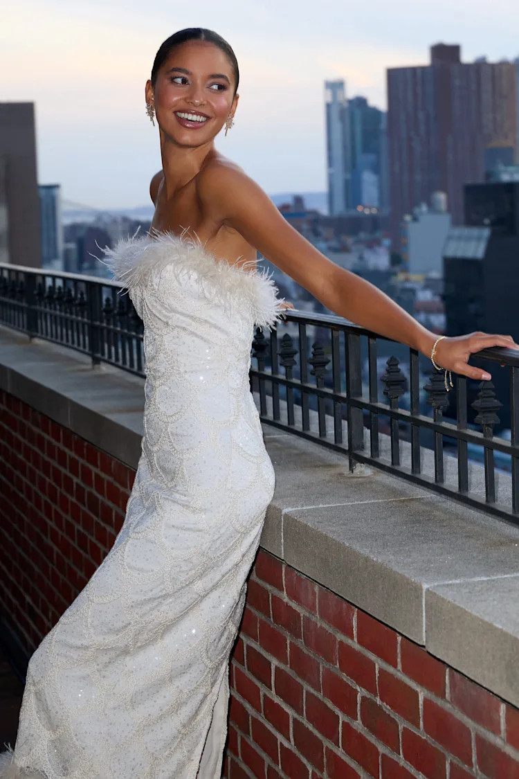 Uniquely Confident Cream Lace Feather Strapless Midi Dress | Lulus