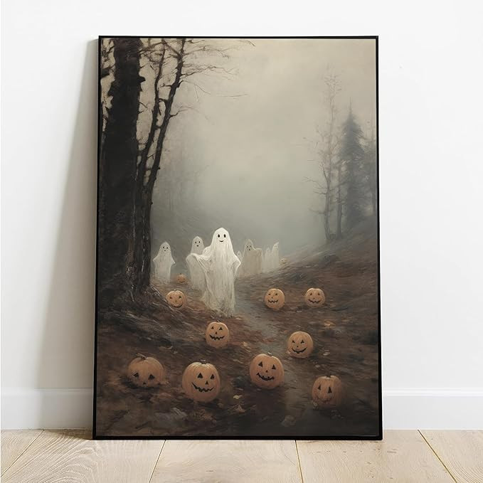 ogyormpi Vintage Halloween Canvas Wall Art, Framed Cute Ghosts In Haunted Forest Poster, Funny Sp... | Amazon (US)