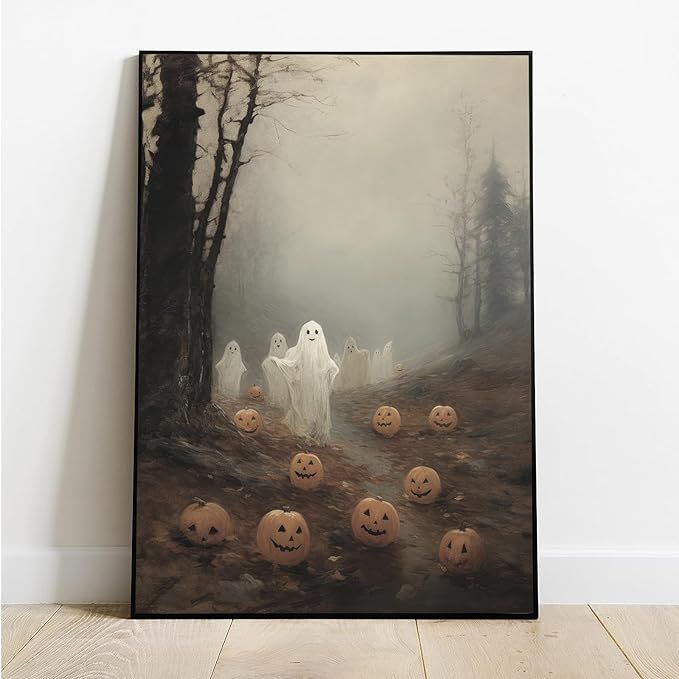 ogyormpi Vintage Halloween Canvas Wall Art, Framed Cute Ghosts In Haunted Forest Poster, Funny Sp... | Amazon (US)