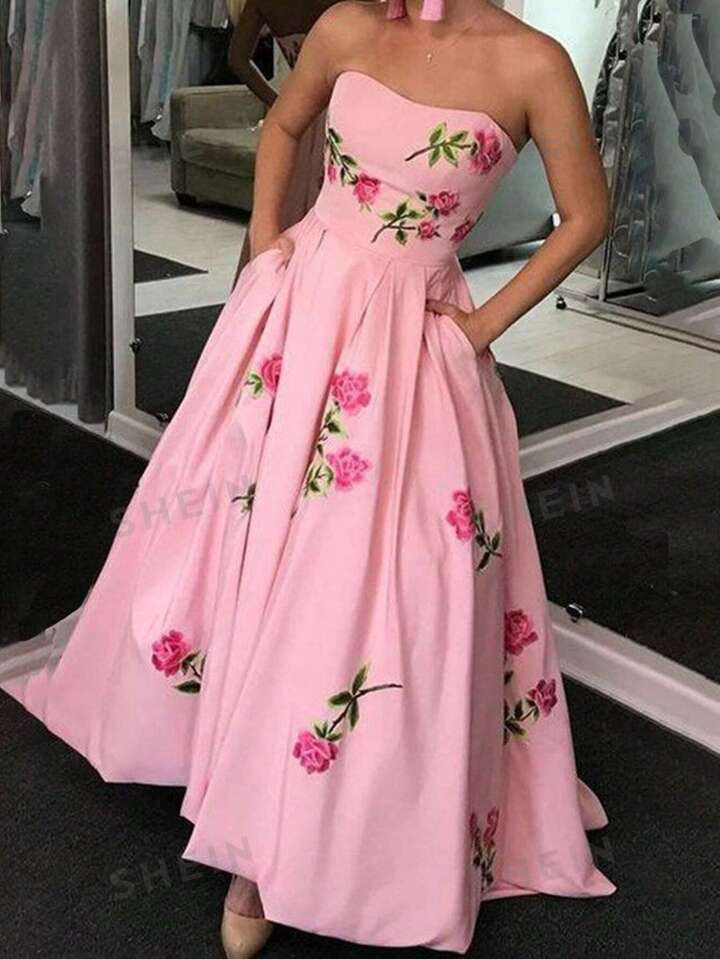 SHEIN Privé Women Summer Elegant A-Line Floral Rose Print Apron Dress With Pockets | SHEIN