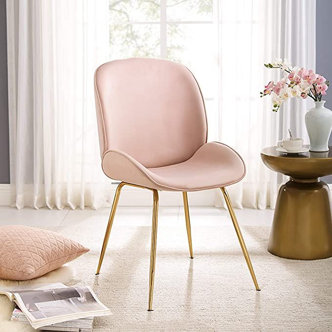 Volans Velvet Chair, Modern Upholstered Makeup Vanity Chair with Gold Legs, Pink | Amazon (US)