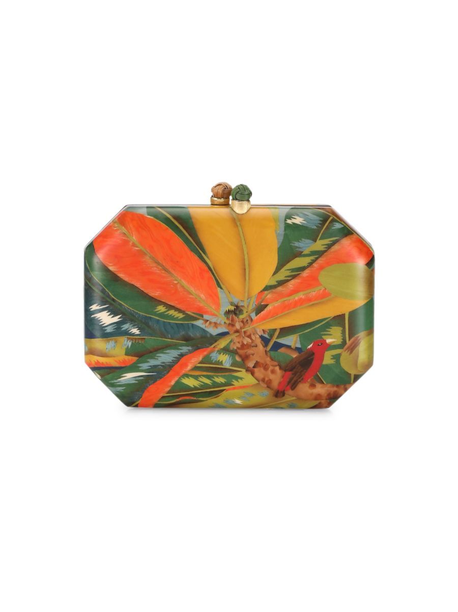 Marquetry 18K Yellow Gold & Diamond Tropical Leaf & Bird Wood Box Clutch | Saks Fifth Avenue