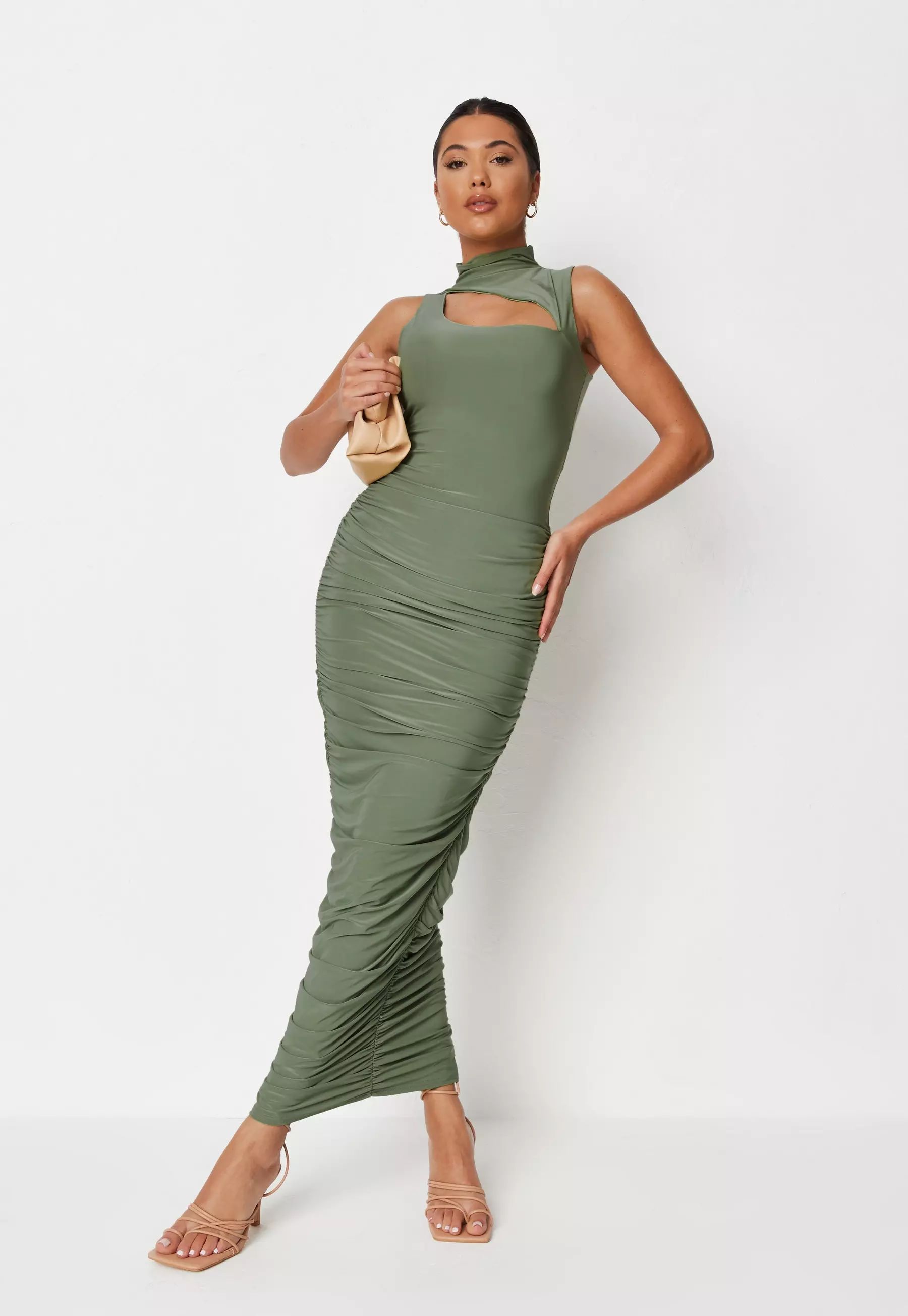Missguided - Khaki High Neck Cut Out Double Layer Slinky Midaxi Dress | Missguided (US & CA)