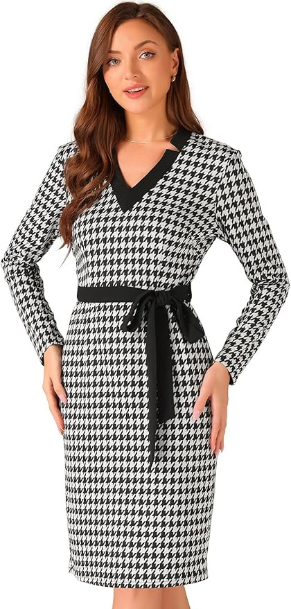 Allegra K Fall Vintage Dresses for Women's V Neck Houndstooth Knit Belted Long Sleeve Pencil Dres... | Amazon (US)